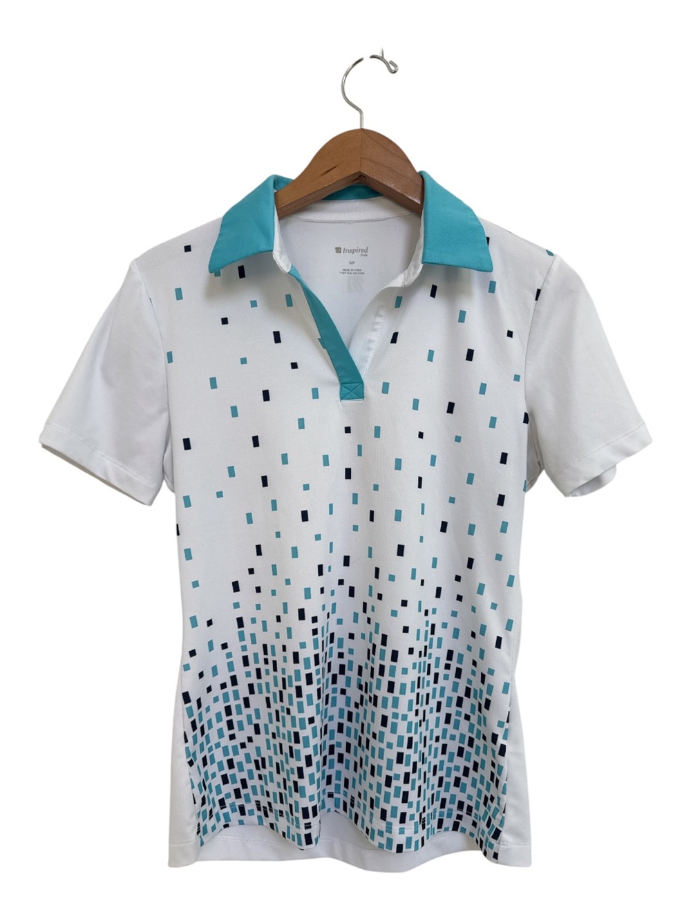 Inspired White & Teal Patterned Golf Polo Shirt